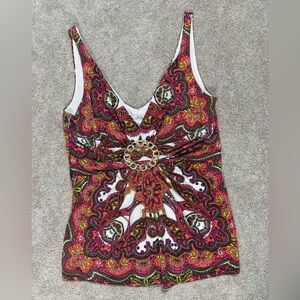 Cache Pink & Orange Paisley Halter Top with Broach | size Medium | Vintage Y2K